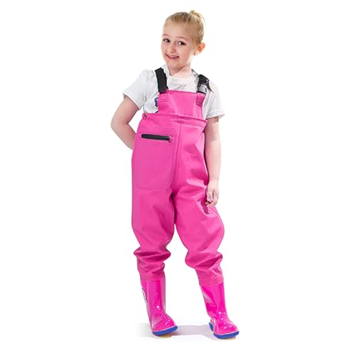 VicBre Kinder-Wathose für Jungen und Mädchen, Reißverschlusstasche,Verstellbare Träger,Rückenschnalle Design,Wasserdichte Regenhose mit Stiefeln, Wathose für Jugendliche,Rosa,28 von VicBre