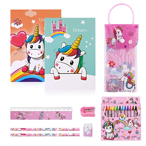 Vicloon Einhorn Geschenke für Mädchen, Einhorn-Schreibwaren-Set, Einhorn Schreibset, Einhorn-Notizbuch, Bleistift, Kreide, Lineal, Spitzer, Radiergummi, Weihnachts Geburtstag Geschenk für Mädchen(A) von Vicloon