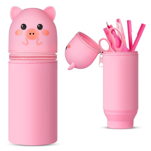 Vicloon Kawaii Federmäppchen aus Weichem Silikon, Federmäppchen 2 in 1 Schlampermäppchen Teleskopisch Mäppchen Cartoon Bleistifthalter Pop-Up Bleistifthalter für Mädchen und Jungen (Schweinchen) von Vicloon