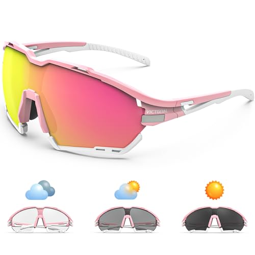 Victgoal Fahrradbrille Herren Damen UV400 Schutz Sonnenbrille, mit 2 Wechselgläser Polarisierte & Photochrome, Schutzbrille Sportbrille für Outdoorsports wie Radfahren Laufen Angeln (Rosa) von Victgoal
