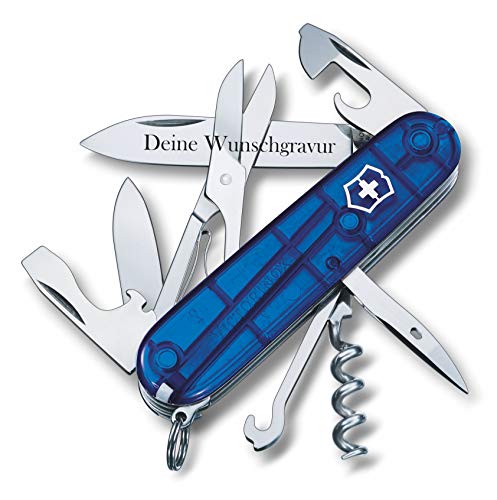 Victorinox Taschenmesser CLIMBER mit Wunsch Gravur auf der Klinge I Geschenk für Männer Frauen I zum Geburtstag I Schweizer Taschenmesser personalisiert mit 14 Funktionen 1.3703 (blau transparent) von Victorinox