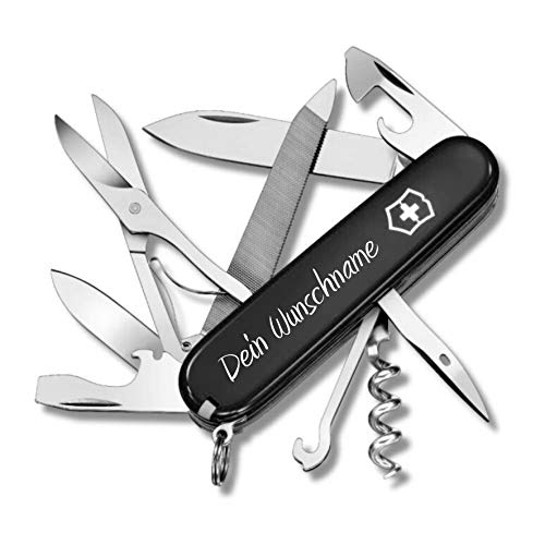 Victorinox Taschenmesser Mountaineer mit Wunschdruck auf der Schale I Geschenk für Männer Frauen I zum Geburtstag I Schweizer Taschenmesser personalisiert mit 18 Funktionen 1.3743 (schwarz) von Victorinox