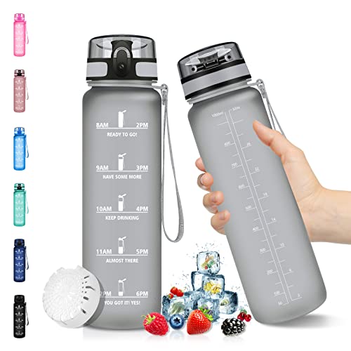Trinkflasche 1L, Tritan Trinkflasche Sport BPA Frei, Wasserflasche 1L Zeitmarkierung und Filter, Sport Trinkflasche Kohlensäure Geeignet, trinkflasche für kinder, Sport, Fahrrad, Camping, Outdoor von Vikaster