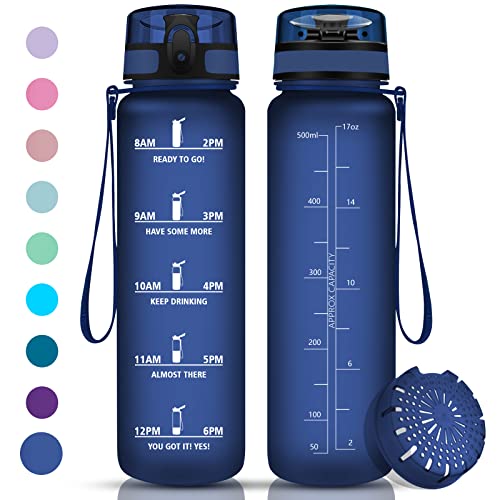 Vikaster Trinkflasche Fahrrad, Trinkflasche 500ml, Kohlensäure Geeignet Kinder, Trinkflasche Auslaufsicher, Trinkflasche mit Zeitmarkierung, Sportflasche für Camping, Yoga, Gym, Schule, Marine Blau von Vikaster