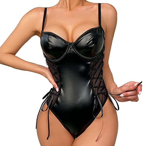 Viunychn Bodysuit Women Sexy Unterwäsche Lack - Damen Sexy Lack Unterwäsche Nachthemd Partykleid Erotische Translucent Spitze Riemchen Bodysuit Sexy Leder Spitze Reizwäsche Nightdress von Viunychn