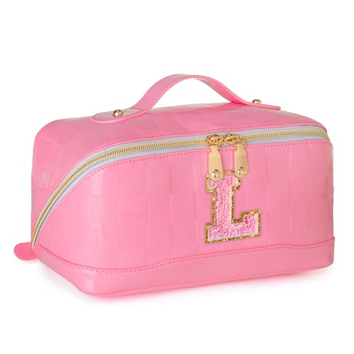 Viverte Make-up-Tasche, großes Fassungsvermögen, Reise-Kosmetiktasche für Damen, PU-Leder, offen, flach, Kulturbeutel, personalisiertes Geschenk, Pink, Größe L: von Viverte