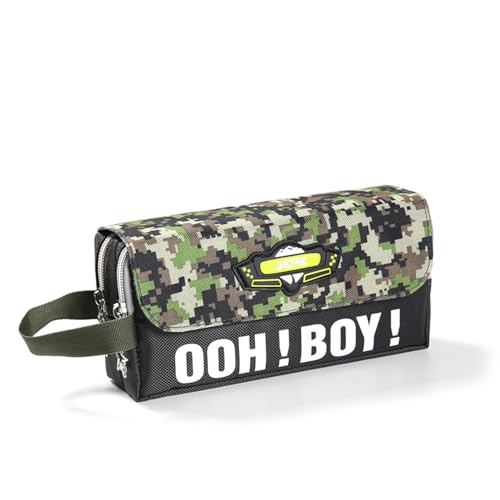 Vllcsla Federmäppchen Jungen mit 2 Fächern Große Kapazität Camouflage Bleistifttasche, Große Federmäppchen Tasche für Jungen, 21x10x5,5CM, Jungen Große Federmäppchen Schwarz/Blau/Grün von Vllcsla