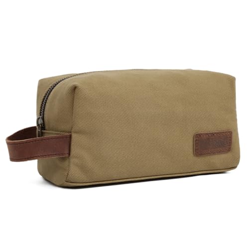 Vmokki Elegante Kulturtasche aus Canvas Echtleder Herren Damen Reise Urlaub Kulturbeutel Vintage Waschtasche Klein Leicht (Khaki) von Vmokki