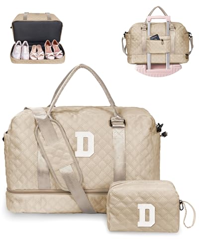 Vogewood Geschenke für Frauen - Initiale Reisetasche mit Schuhfach, personalisierte Wochenendtasche, Monogramm Übernachtungstasche für Frauen, Briefreisetasche mit Make-up-Tasche, Khaki, D von Vogewood