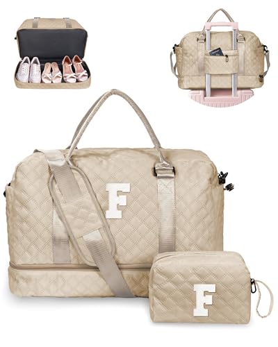 Vogewood Geschenke für Frauen - Initiale Reisetasche mit Schuhfach, personalisierte Wochenendtasche, Monogramm Übernachtungstasche für Frauen, Briefreisetasche mit Make-up-Tasche, Khaki, F von Vogewood