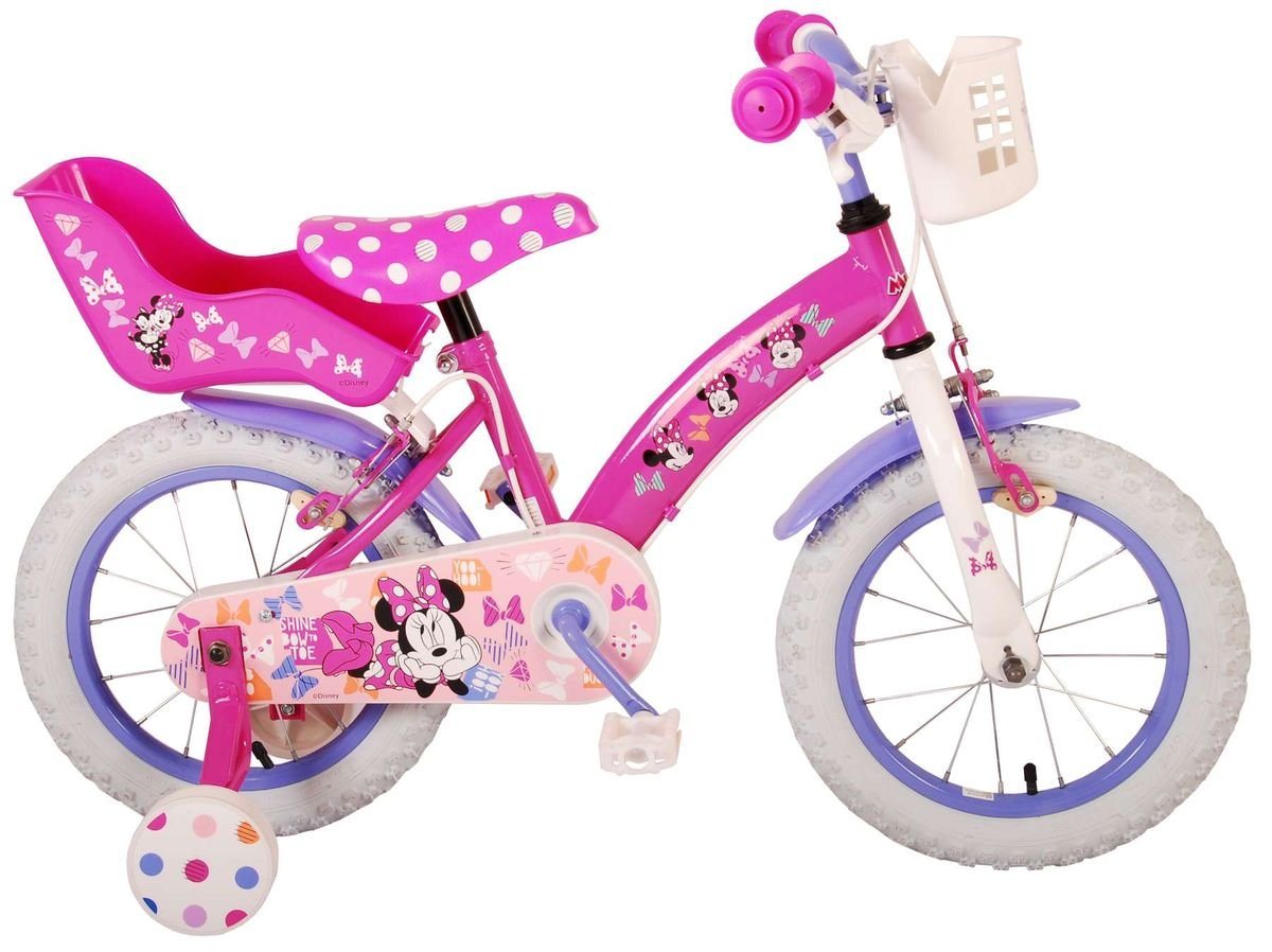 Volare Kinderfahrrad 14 Zoll Fahrrad Kinder Mädchenfahrrad Rad Bike Disney Minnie 21436CHIT, 1 Gang, Puppensitz, Korb, Stützräder von Volare