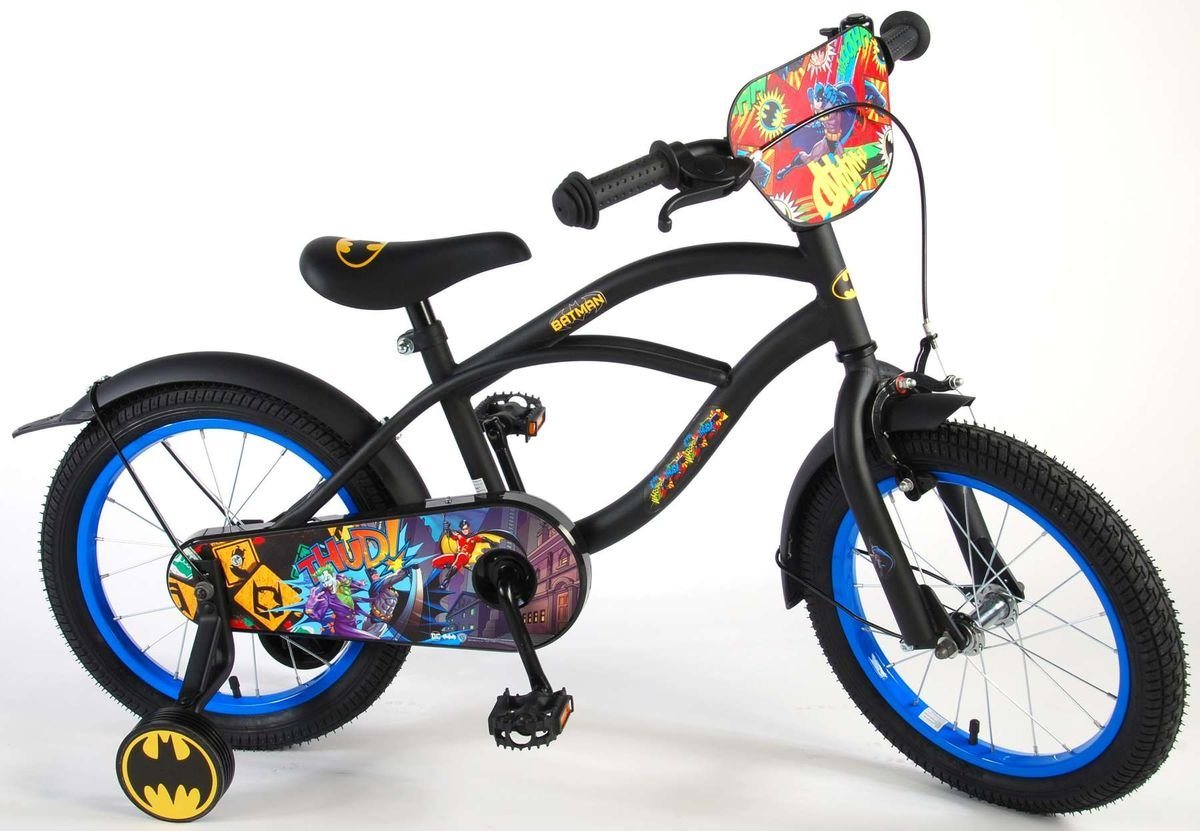 Volare Kinderfahrrad 16 Zoll Kinder Jungen Fahrrad Rad Cruiser Schwarz Batman 81634 Volare, Rücktrittbremse, Stützräder von Volare