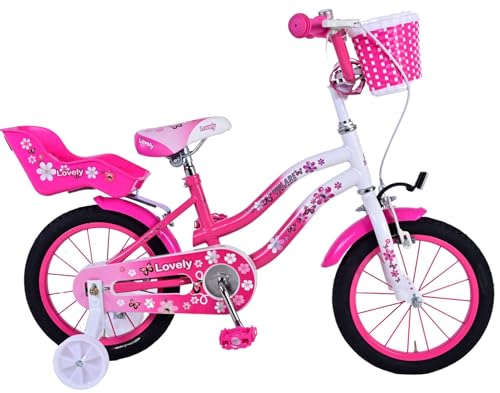 Volare Lovely 14 Zoll Kinderfahrrad pink/weiß - Handbremse, Rücktrittbremse, Stützräder und mehr! von Volare