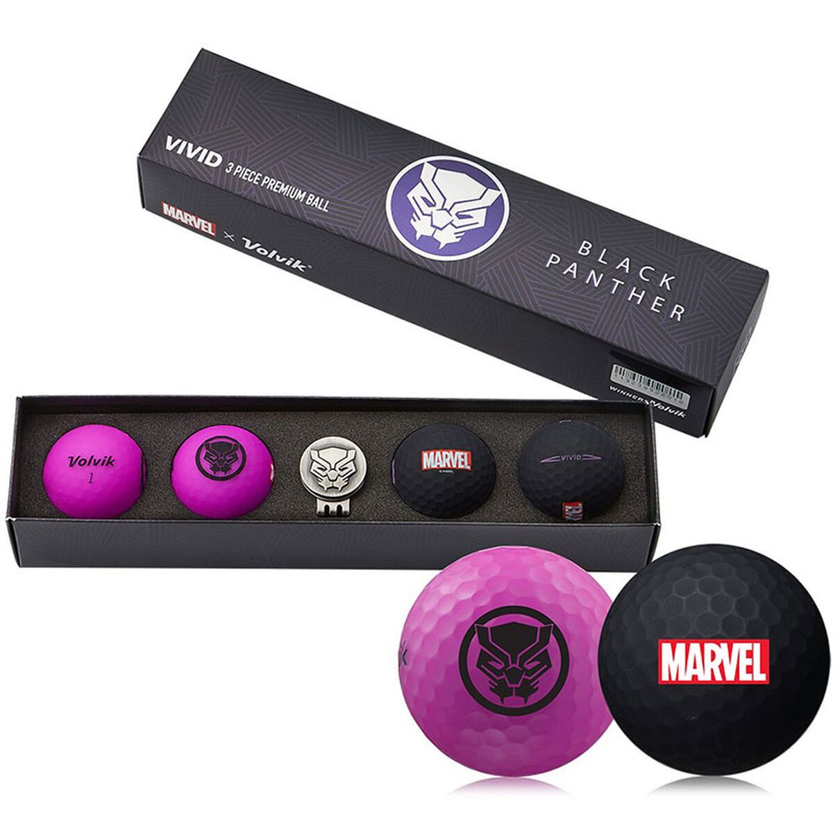 Volvik Black and Purple Panther Print Marvel 4 Pack of Golf Balls with Marker, Size: One Size  | American Golf von Volvik