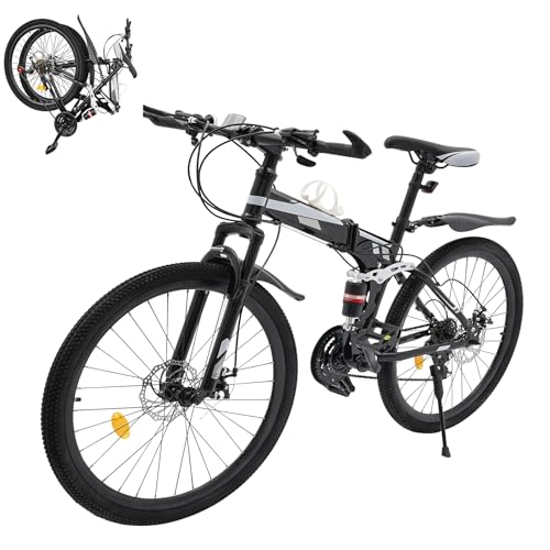 VonVVer 26 Zoll Faltbare Mountainbike mit Stoßdämpfer 21 Gang-Schaltung MTB Fahrrad mit Scheibenbremse vorne und hinten Höheverstellbar 26 Zoll Fahrrad für ab 160cm Jungen, Mädchen(Schwarz Silber) von VonVVer