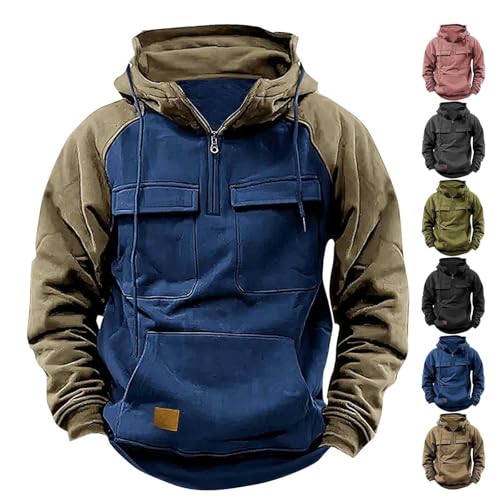 Vopetroy 2025 New Mens Tactical Hoodies Quater-Zip Pullover Vintage Sweatshirt Casual Long Sleeve Cargo Hoodie (Blue,XX-Large) von Vopetroy