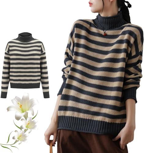 Vopetroy Women's White and Orange Striped Sweater,Retro Striped Contrast Half Turtleneck Sweater,Womens Striped Sweater (One Size,Gray-Blue) von Vopetroy