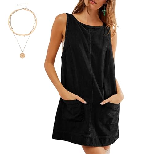 Women's Corduroy Overall Dress Round Neck A Line Skirtall Jumper (Black,Medium) von Vopetroy