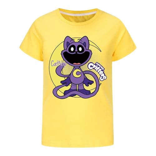 Voulkco Kinder-T-Shirt Lächelnde Katze Critter Gedruckte Baumwolle Kurze Ärmel Jungen Mädchen Kinder-T-Shirt Tops Lustige Casual Tops T-Shirt-Black||100 von Voulkco