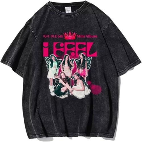 Voulkco Tshirt Kpop G-I-D-LEI Am Free Ty Kurzarm Washed Vintage T-Shirt Männer und Frauen Streetwear Unisex Tops für Fans-Black1||S von Voulkco