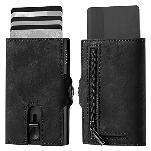 VpiuV® geldbörse Herren - Kreditkartenetui mit RFID-Schutz - Slim Wallet mit Münzfach - Aluminium-Kartenhalter - Schwarz Leder im Vintage-Stil von VpiuV