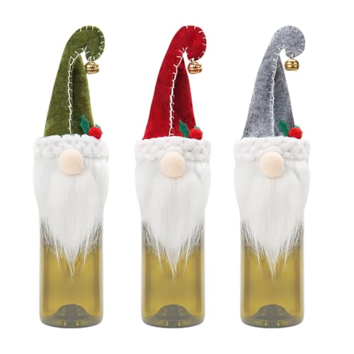 Vriusi Christmas GNOME Weinflaschenhülle | 3 x Soft Christmas GNOME Wein Kostüm | Holiday Weinflasche Cover, Swedish Tomte Gnomes, Christmas Wine Bags für New Year Celebration, 3 Stück., Se référer au von Vriusi