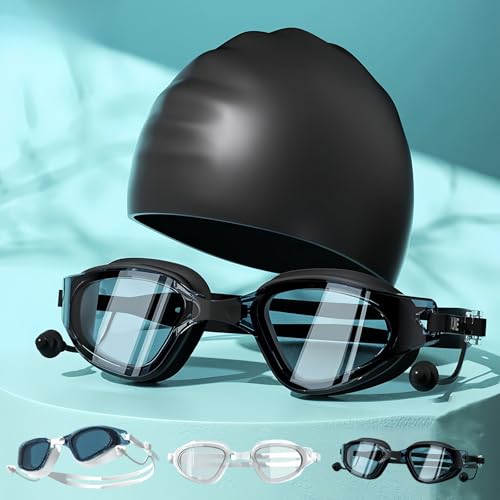 Vyloky Optische Schwimmbrille mit Sehstärke | Dioptrien: 0bis -8,0 | Anti-Fog |UV-Schutz |super Paßform | incl Nasensteg und Stabiler Box，Mit Ohrstöpseln (Badekappe+Schwarz, -3 D) von Vyloky