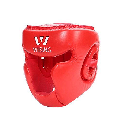Wesing Kopfschutz für Boxen/Kampfsport, geschlossen, MMA, Kickboxen, Training - Red Micro Fiber Leather - L von W WESING