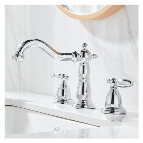 Faucet Schwarzer massiver Messing-Badezimmer-Waschtischarmatur-Mischer, Wasserhähne, antiker Küchenspüle-Wasserhahn, Doppelgriffe, 3 Löcher, Badewannenarmatur, Gold, Waschtischarmatur (Chrom) tap von WACEH