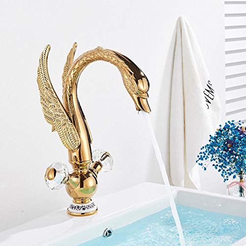 Faucet Wasserhähne Wasserhahn Wasserhahn Ganzkupfer Wasserhahn Doppelter Kristallgriff Badezimmer Waschbecken Mischbatterie Deckmontage Messing Schwanenform Waschbecken Wasserhahn-Golden water-tap von WACEH