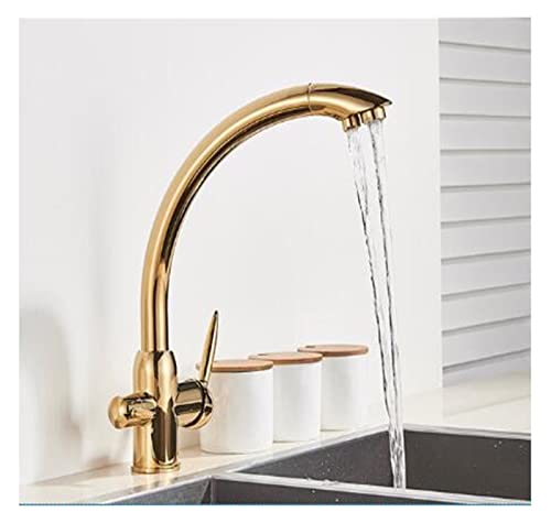 WACEH Faucet An Deck montierter weißer 3-Wege-Reinigungs-Küchenarmatur, Doppelwasserauslassfilter-Mischbatterie für die Küche, Doppelgriff (Gold) Water-tap von WACEH