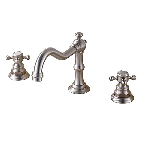 WACEH Faucet Antiker Messing-Waschtischarmatur zur Deckmontage, weit verbreiteter Waschbecken-Waschhahn, Doppelgriff, 3-Loch-Waschtischmischer (gebürstetes Nickel) Water-tap von WACEH