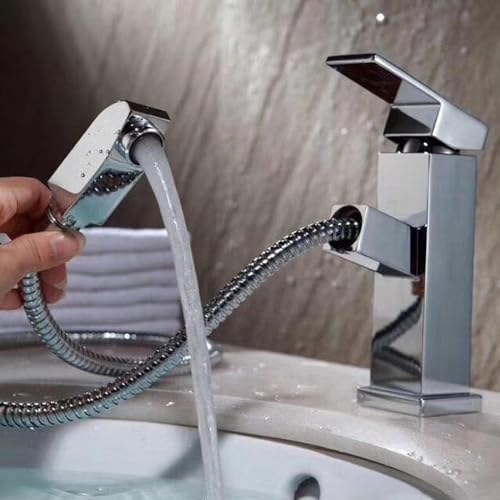 WACEH Faucet Badarmaturen mit herausziehbarer Brause, Einloch-Badezimmerarmatur, heißer und kalter Waschbecken-Wasserhahn, Schwarz tap von WACEH