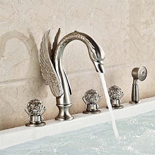 WACEH Faucet Crystal Swan Goldener Badewannen-Wasserhahn, Deckmontage, 5 Löcher, breite Wannen-Mischbatterie mit Handbrause, gebürstetes Nickel Water-tap von WACEH