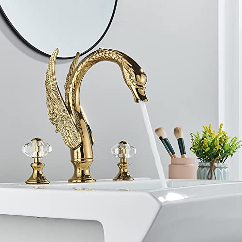 WACEH Faucet Gold/ORB Schwanenförmiger Waschbecken-Wasserhahn, Doppelgriff, Heiß-Kaltwasser-Mischbatterie, DREI Löcher, an Deck montierter Gold-Wasserhahn, GoldenA Water-tap von WACEH