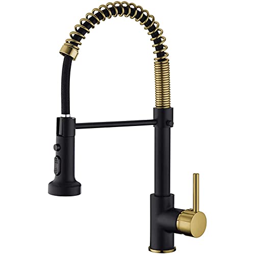 WACEH Faucet Küchenarmatur mit herunterziehbarer Brause, 304 Edelstahl-Feder-Küchenspüle, hoher Bogen, schwenkbar, Einhand-Heiß- und Klumpenwasser-Mischbatterie, Gold (Gold) Water-tap von WACEH