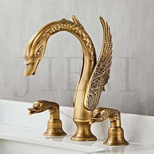 WACEH Faucet Massives Messing, antikes Messing, 3-teilig, europäischer Retro-Schwan-Badezimmer-Waschbecken-Wasserhahn, Sprühauslauf, Badewanne, Messing-Mischer-Wasserhahn, antikes Messing Water-tap von WACEH