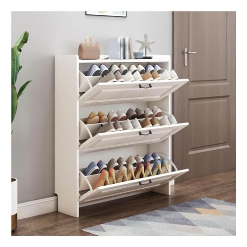 Multifunktionaler, schmaler, weißer Schuhschrank für den Eingangsbereich mit 3 Klapptüren, modernes, freistehendes Schuhregal, schmaler Schuh-Organizer, Aufbewahrung für Hausschuhe, Turnschuhe, von WADRBSW