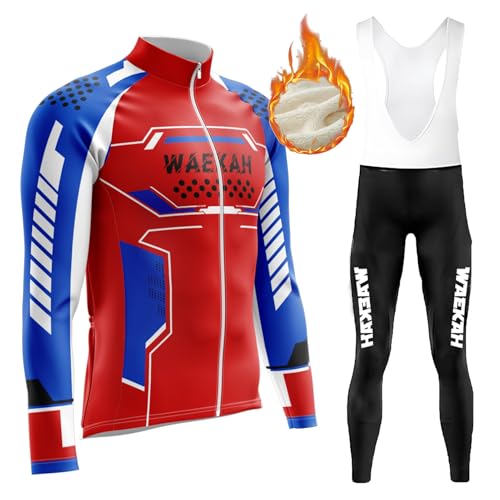 Radtrikot Herren Langarm Set,Radtrikot Herren Damen Langarm Atmungsaktiv Schnell Trocknen Elastische Funktionsshirt Fahrradtrikot für Radsport mit 9D SitzpolsterHerbst/Winter (U4,XS) von WAEKAH