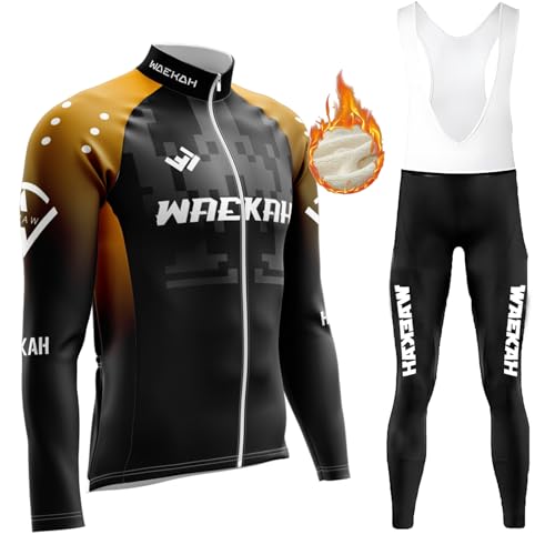 Radtrikot Set Langarm Herren Thermische Fleece Winter Fahrradbekleidung Radsportanzüge Fahrradtrikot Hose 9D Sitzpolsterfür Herbst/Winter Langarmtrikot Langärmeliges (U2,S) von WAEKAH