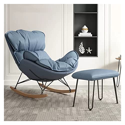 WAGXIyU Moderner Schaukelstuhl mit Fußhocker, gepolsterter Glider-Freizeitsofa-Liegestuhl mit hoher Rückenlehne, Schaukelsessel mit Massivholzbeinen für das Wohnzimmer (Farbe: Blau) von WAGXIyU