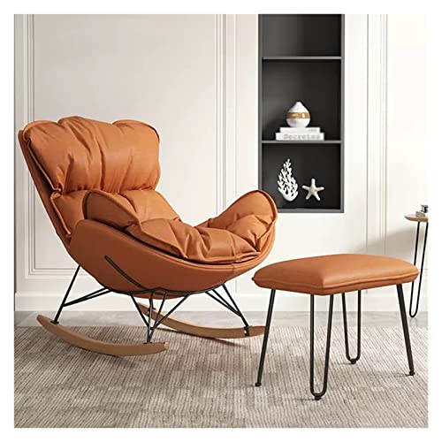 WAGXIyU Moderner Schaukelstuhl mit Fußhocker, gepolsterter Glider-Freizeitsofa-Liegestuhl mit hoher Rückenlehne, Schaukelsessel mit Massivholzbeinen für das Wohnzimmer (Farbe: Orange) von WAGXIyU