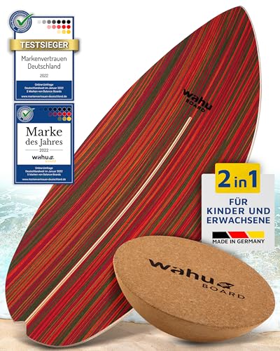 WAHU Board - Balance Board mit einzigartigem Rocker Shape - Surf Balance Board (100% Holz) | Balance Board Holz | 100% Spaß garantiert (mit Halbkugel, Rot) von WAHU