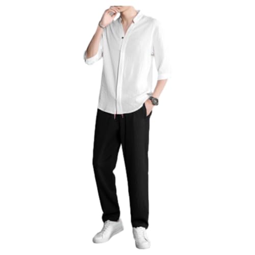 WAMIZEU 2-teiliges Leinen-Set für Herren, Sommer-Outfits, lässig, halbe Ärmel, Henley-Shirt, Yogahosen-Set, Baumwoll-Leinen, Herbst-Sets (1,3XL 155–175) von WAMIZEU