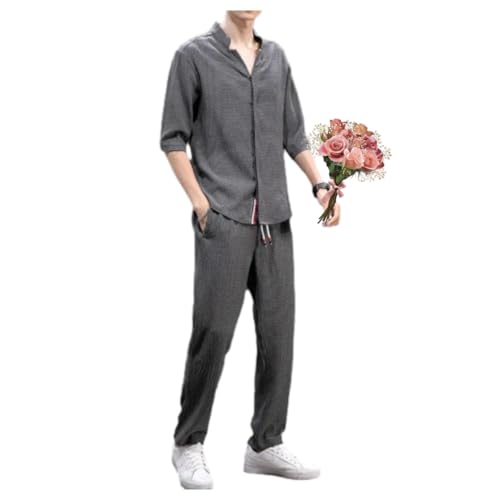 WAMIZEU 2-teiliges Leinen-Set für Herren, Sommer-Outfits, lässig, halbe Ärmel, Henley-Shirt, Yogahosen-Set, Baumwoll-Leinen, Herbst-Sets (Grau, M 90–105) von WAMIZEU