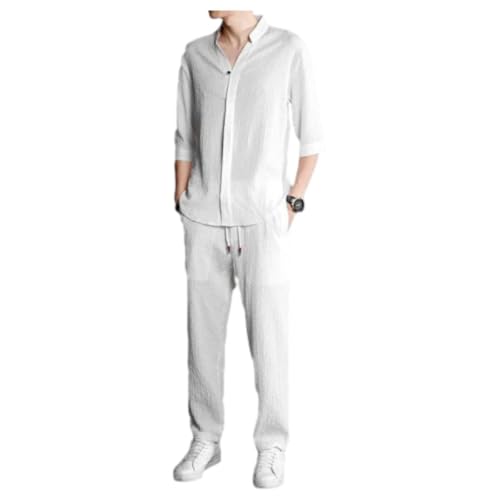 WAMIZEU 2-teiliges Leinen-Set für Herren, Sommer-Outfits, lässig, halbe Ärmel, Henley-Shirt, Yogahosen-Set, Baumwoll-Leinen, Herbst-Sets (Weiß, 3XL 155–175) von WAMIZEU