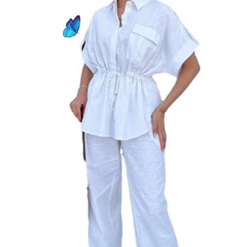 WAMIZEU Damen Arbeitskleidung Kordelzug Casual Cargo 2-teiliges Set Sommer Casual Lose Knöpfe Hemd 2-teiliges Set (Weiß, L) von WAMIZEU