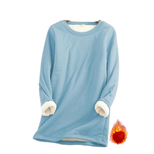 WAMIZEU Damen-Pullover mit Rundhalsausschnitt, Baumwolle, warm, Übergröße, lässiges Thermo-Top (Blau, Größe 2XL) von WAMIZEU