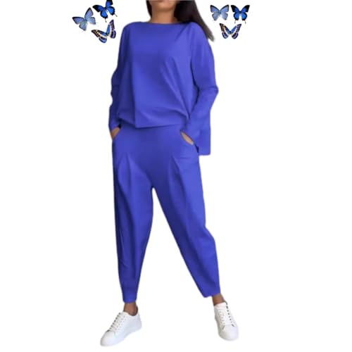 WAMIZEU Damen-Trainingsanzug, Rundhalsausschnitt, langärmelig, zweiteilig, Übergröße, Sweatshirt und Hose, Set (Blau, XL) von WAMIZEU