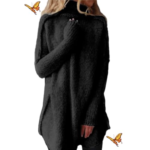 WAMIZEU Grauer einfarbiger Pullover mit hohem Halsausschnitt, Rollkragenpullover, langes Pulloverkleid für Damen, übergroßer Strickpullover, flauschiger Strickpullover (Schwarz, L) von WAMIZEU